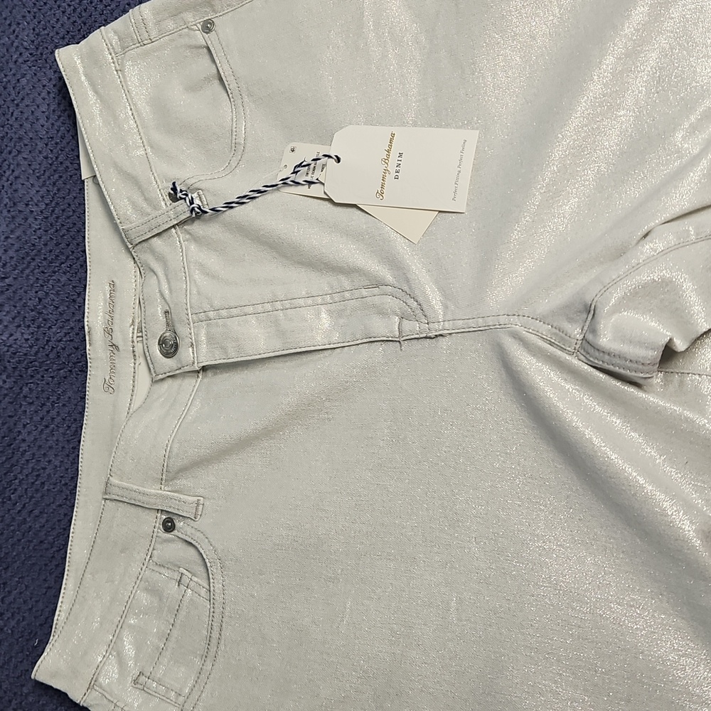 Tommy Bahama Metallic High Rise Ankle Denim: Metallic White/Silver: Size- 14 - Picture 3 of 15